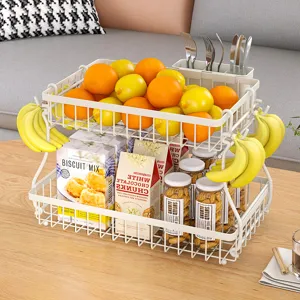 Double tier metal storage rack desktop organizer fruit basket for kitchen living room