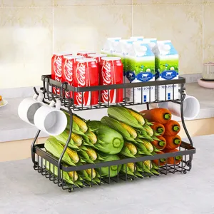 Double layer metal storage rack kitchen countertop organizer fruit vegetable basket with cup hooks