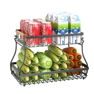 Double tier metal storage rack with wooden handle, versatile desktop organizer basket for kitchen.