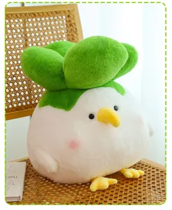 Close up view of the cute plush toy sitting on a woven chair in a bright cozy room.
