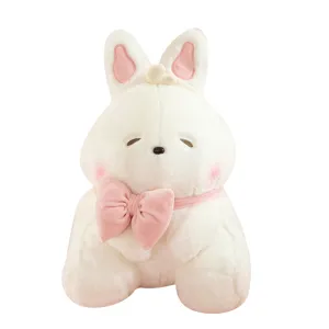 Cute white plush rabbit stuffed animal toy with pink bow, soft fluffy bunny doll gift.