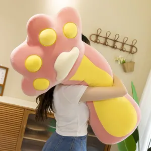 Large cat paw plush pillow, cute pink yellow cartoon body cushion for bed sofa companion.