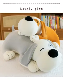 Cute plush sleeping dog doll detail, soft fluffy material, cozy bedroom bed display view.