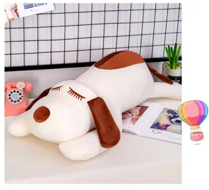 Detail view of the cute sleeping dog plush toy, showing soft fabric and cute design features.