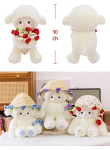 Cute magnetic rose lamb plush toy detail view, 30cm soft doll creative couple gift choice.