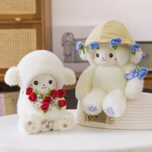 Cute lamb plush toy with magnetic roses, soft stuffed animal doll gift for couples and friends.