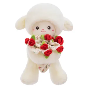 Cute white plush sheep toy with magnetic red roses bouquet, soft stuffed animal gift for couples.