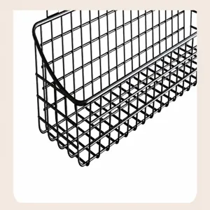 Black metal wire hanging basket detail, grid storage rack for dorm bedside or cabinet.