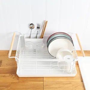 Scolapiatti da cucina bianco con manici in legno organizer per stoviglie in filo di ferro
