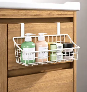 Hanging wire storage basket over cabinet door metal organizer for bathroom dorm bedroom kitchen