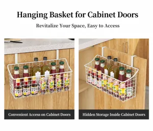 Metal hanging basket for cabinet door, wire storage rack for kitchen org and organization.