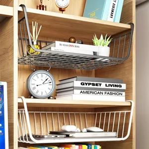 Under shelf wire storage basket hanging organizer for kitchen cabinet and bookshelf storage.