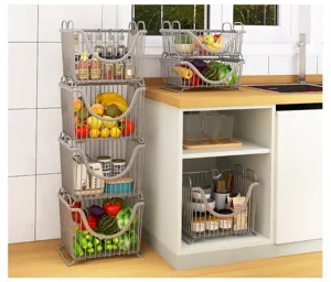 Paniers de rangement en fil metalique empilables pour cuisine et sol, gris clair