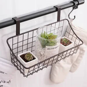 Black iron hanging storage basket bedside shelf dormitory organizer wire basket with dual hooks