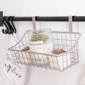 Metal hanging storage basket iron wire organizer for dorm room bedside shelf holder