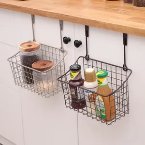 Over cabinet door wire storage basket metal hanging organizer for kitchen and dorm use.