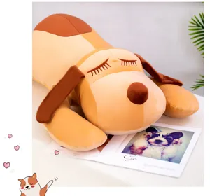 Soft sleeping dog plush toy, cute brown stuffed animal pillow for comfortable hugging in bed.