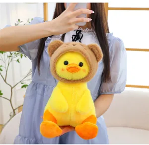 Cute yellow duck plush toy with brown bear hat soft stuffed doll for kids gift.