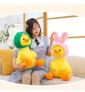 Cute cartoon yellow duck plush toy with animal hat soft pillow doll birthday detail