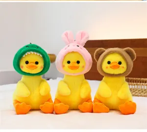 Cute plush yellow duck toy with animal hats soft stuffed doll pillow birthday gift for kids.