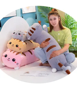 Detailed view of cute long cat plush pillow, soft stuffed animal doll for kids and girls.