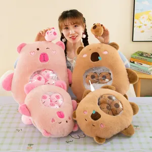 Mignon Capybara Jouet en Peluche Oreiller Animal Embourré Avec Mini Poupées Fenêtre Transparente Coussin Doux Coton PP Décoration
