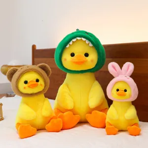 Cute plush yellow duck stuffed toy with animal hats, soft cushion doll, perfect birthday gift.