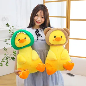 Cute cartoon yellow duck plush toy with cute animal hood soft hugging pillow gift for kids