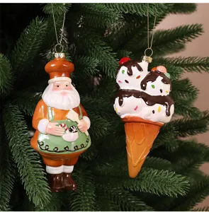 Detail shot of Santa chef and chocolate ice cream cone Christmas tree ornaments