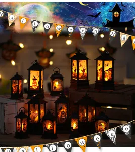 Halloween LED lanterns with spooky pumpkin and witch designs on wooden crates.