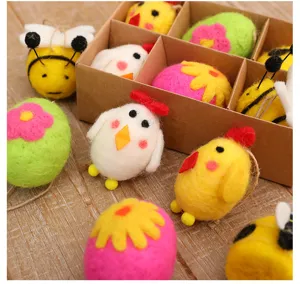 Handmade needle felt Easter egg ornaments with cute chicken and bee designs