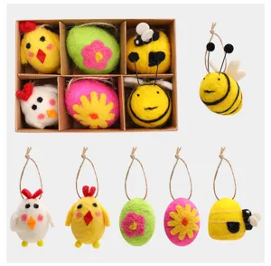 Handmade Easter felt ornaments set featuring colorful eggs, chicks, and bees for decor