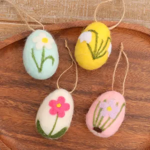 Set of 4 handmade Easter wool felt eggs with floral embroidery and hanging twine