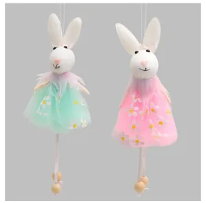 Detailed view of two charming fabric Easter bunny pendants with pink and green daisy skirts.