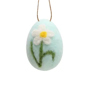 Handmade light blue wool felt Easter egg ornament with white daisy design and hanging string