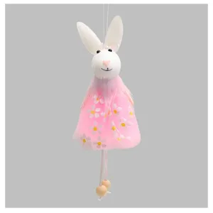 Close-up view of a handmade Easter bunny fabric pendant with a pink daisy mesh dress