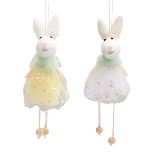 Easter Bunny Fabric Hanging Ornament Cute Rabbit Craft Mesh Tulle Daisy Skirt Tassel Pendant Home Holiday Party Scene Decoration