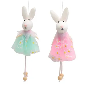 Set of two decorative Easter bunny fabric hanging ornaments featuring colorful floral mesh tutus