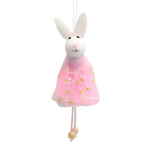 Handmade Easter bunny hanging ornament with pink daisy mesh dress for home decor