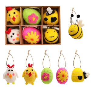 Handmade felt Easter hanging ornaments set with colorful eggs, chicks and bees
