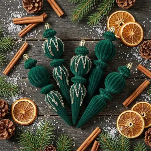 Close-up of elegant dark green velvet Christmas ornaments with intricate white bead detailing.