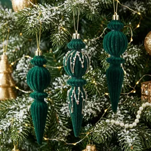 Vintage Christmas Finial Ornaments Flocked Plastic Shaped Baubles For Christmas Tree Holiday Hotel Window Decoration