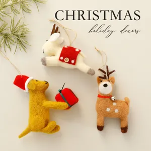 Juego de 3 adornos de animales de fieltro para decoración de fiestas navideñas