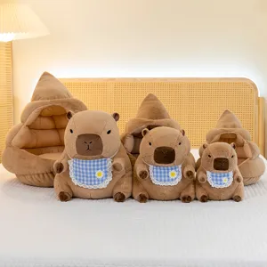 Süßes Capybara Plüschtier mit Kaka Haus Bett,weiches Kuscheltier Puppe mit süßem Lätzchen Geschenk
