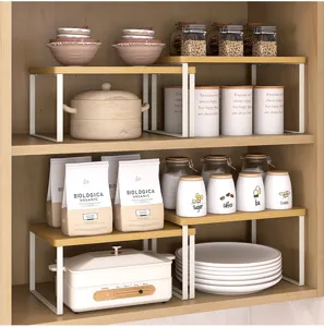 Kitchen cabinet storage shelf, expandable wooden desktop rack and double layer organizer.
