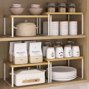 Kitchen countertop storage rack cabinet organizer metal wood double layer shelf space saving