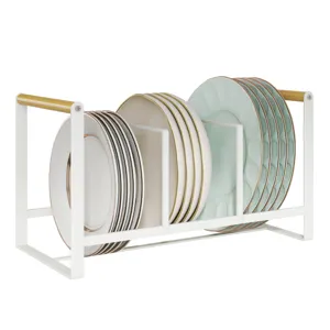 Scolapiatti in metallo bianco con manico in legno organizer per piatti da cucina