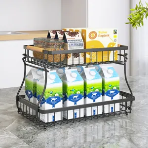 Scaffale da cucina in metallo a 2 livelli con manici in legno, cestino organizer nero per piano cucina.