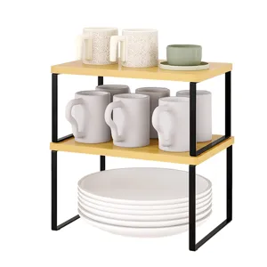 2-tier kitchen countertop organizer rack for spice, mugs, and plates storage desktop.