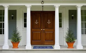 Pair of 90cm PE Norfolk pine Christmas trees in pots on a classic front porch